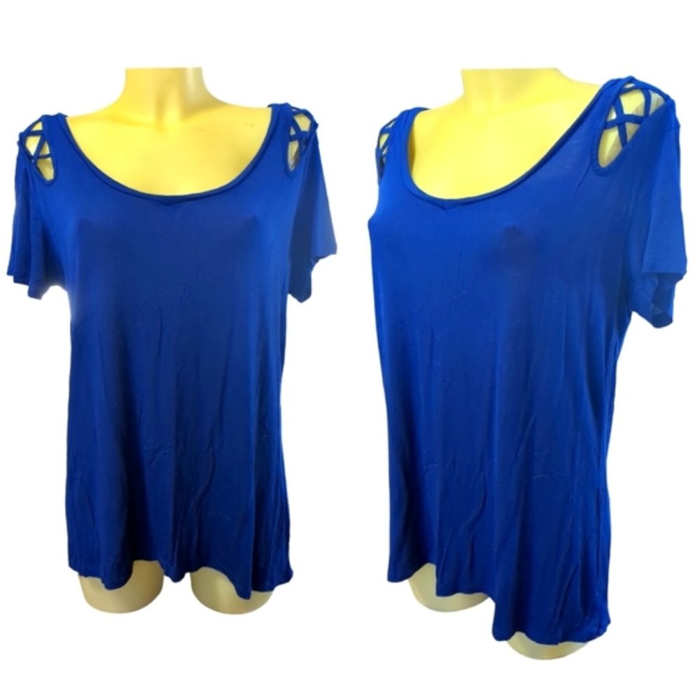 🌹5/25🌹SPLASH Bright Royal Blue Stretch Tee with Criss Cross Detail on Shoulder